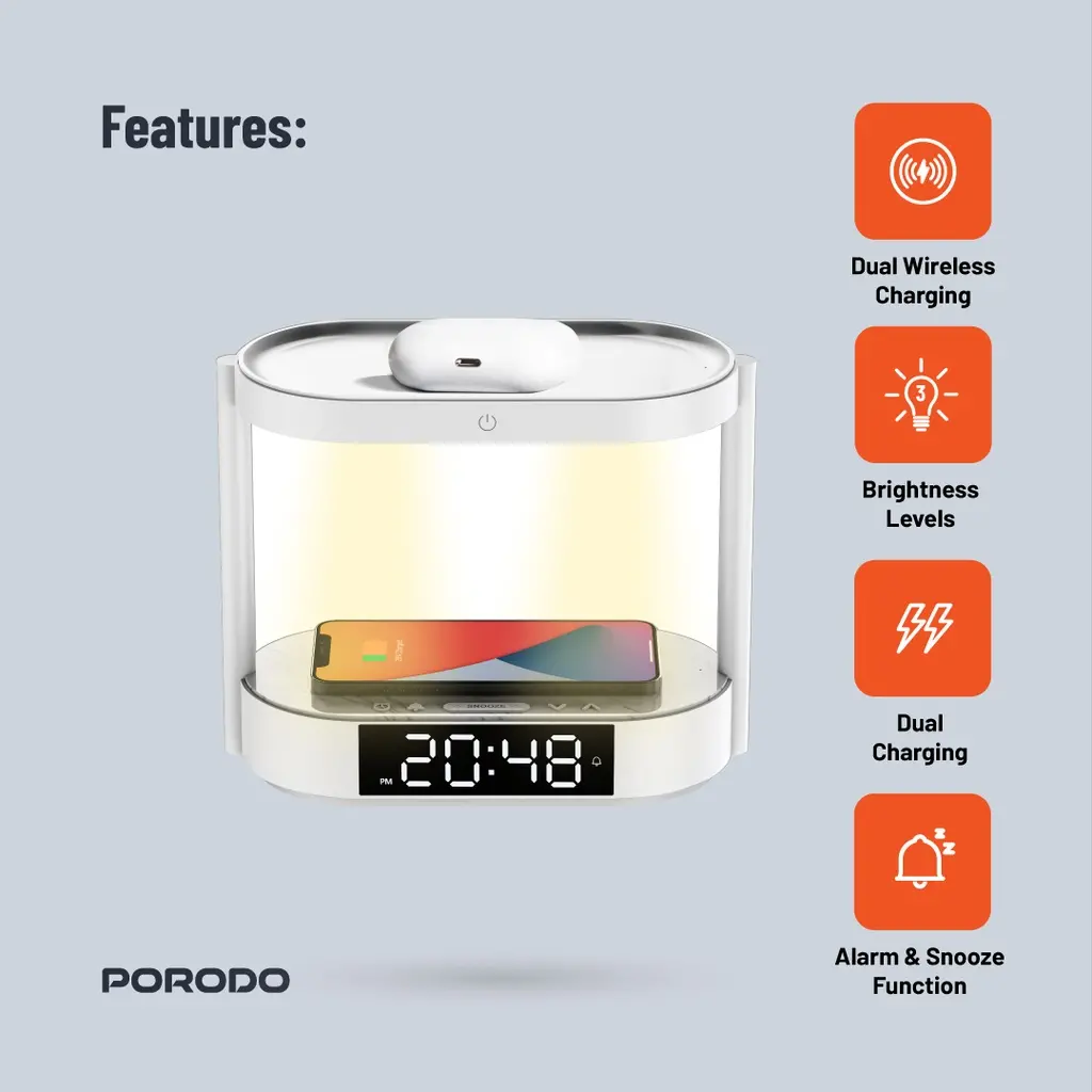 Porodo Bedside Lamp with Wireless Charger and Digital Clock - Image 5